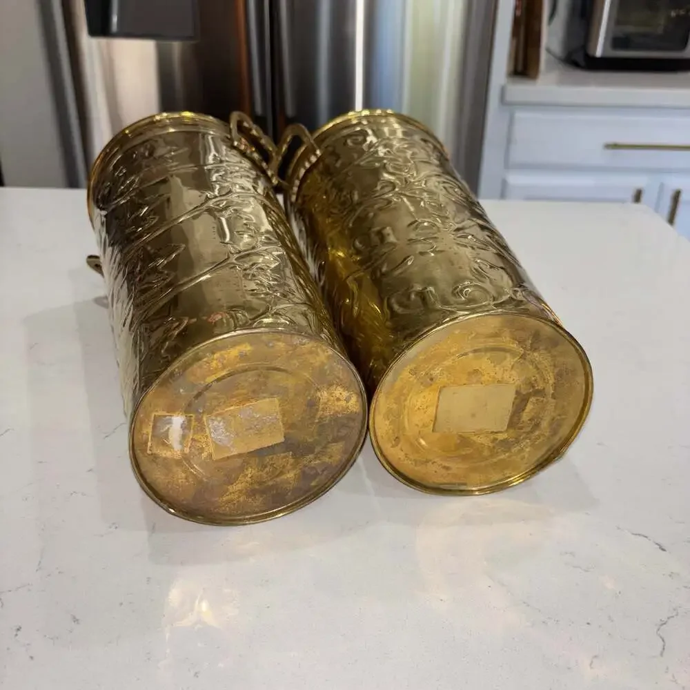 Vintage Hosley French Brass Bucket Planter Vases with Embossed Floral/Grapevine